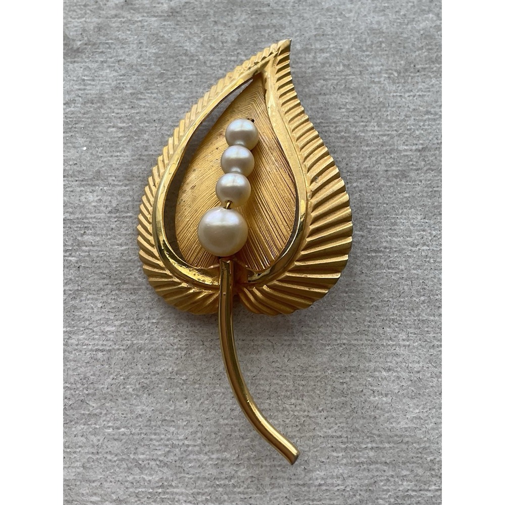 14k Gold Fill GF Leaf Brooch With Pearl Vintage Estate Jewelry